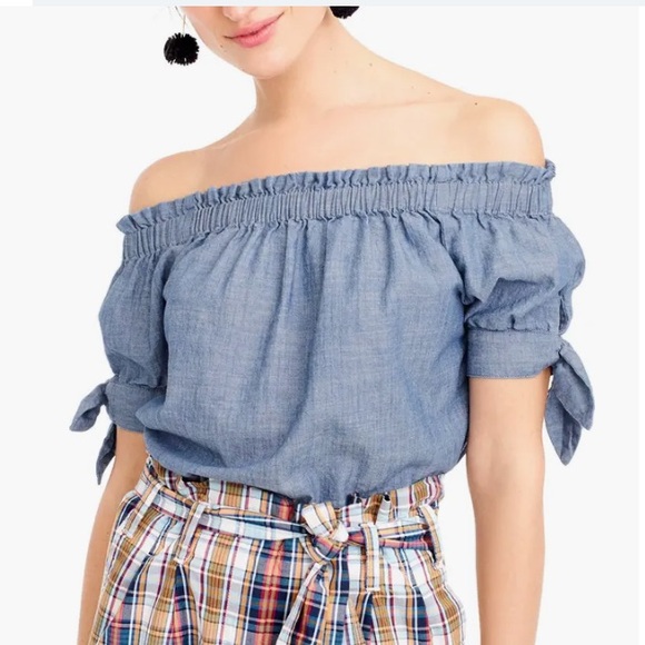 J. Crew Chambray Off Shoulder Top Blue Size 00 - Picture 1 of 15